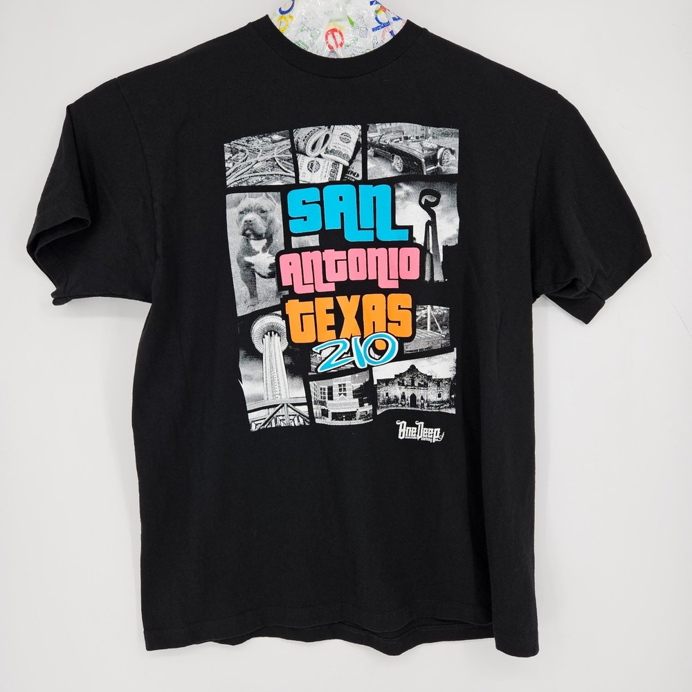 Vintage San Antonio Texas Shirt Mens 2XL One Deep Graphic Tee Black Short Sleeve